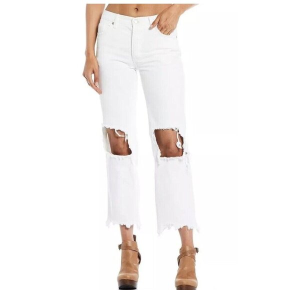Free People Denim - Free People Maggie White‎ Mid-Rise Distressed Raw Hem  Jeans Cropped Straight 24
